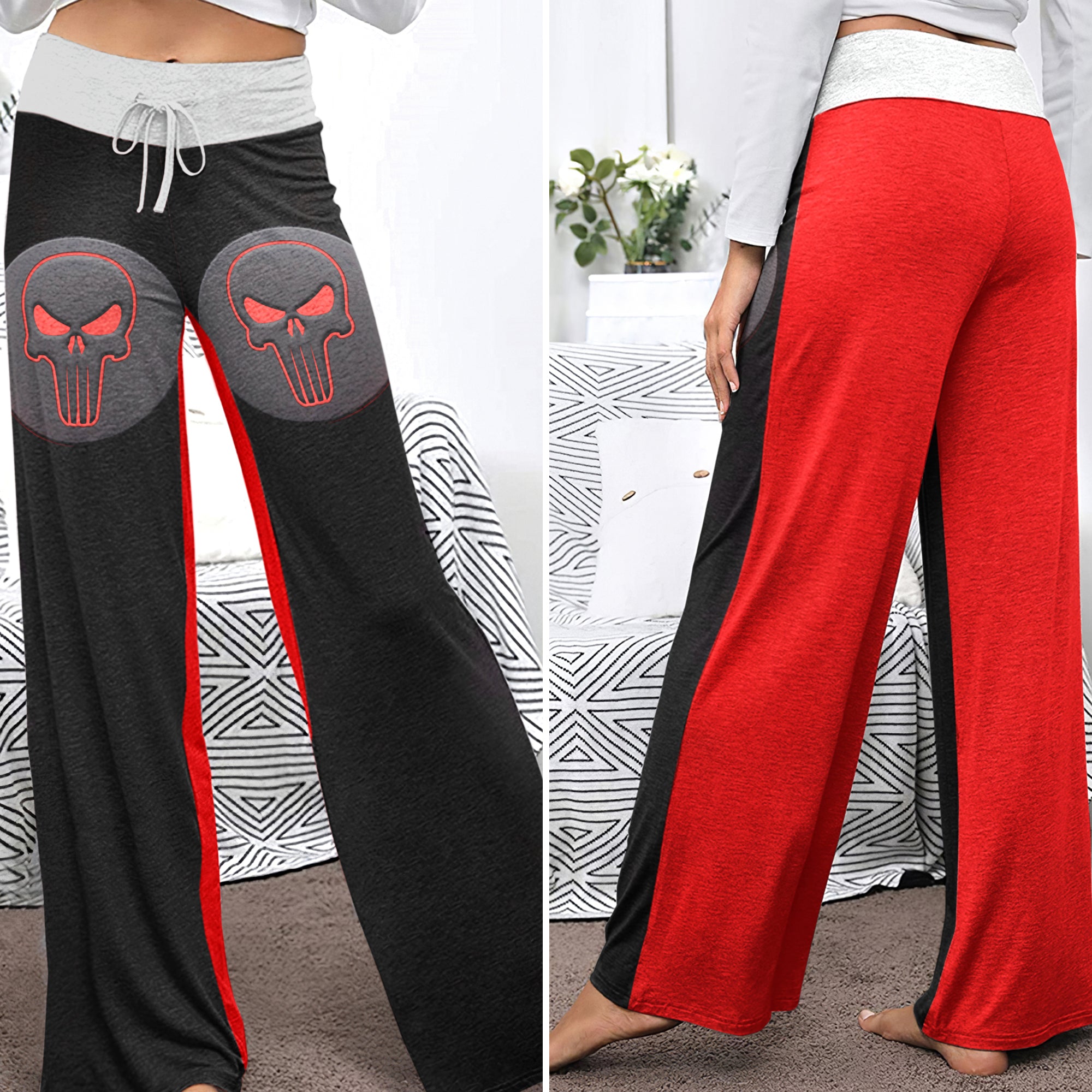 Crimson Gaze Skull Women's High-waisted Wide Leg Pants