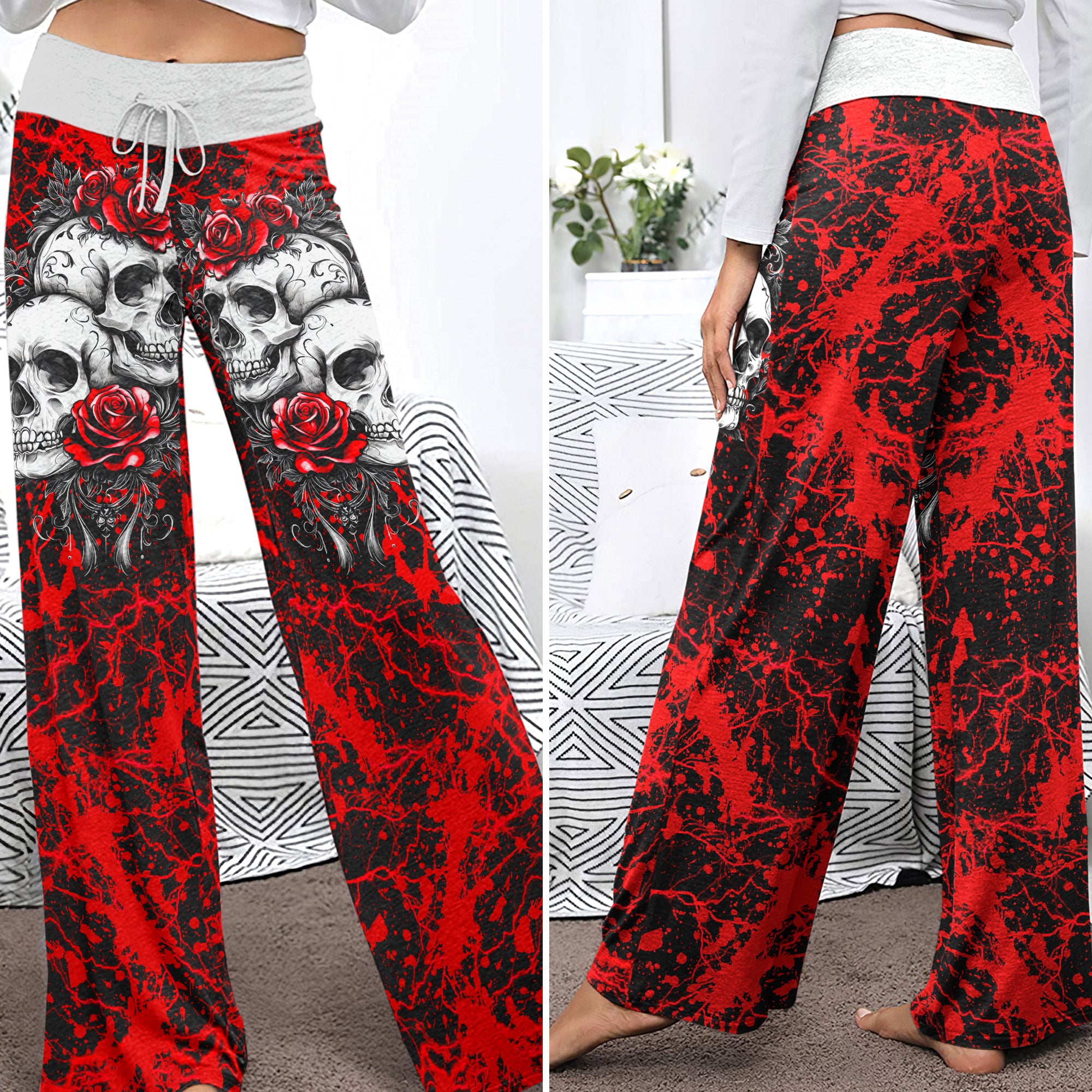 Red Skull Rose Art Women's High-waisted Wide Leg Pants