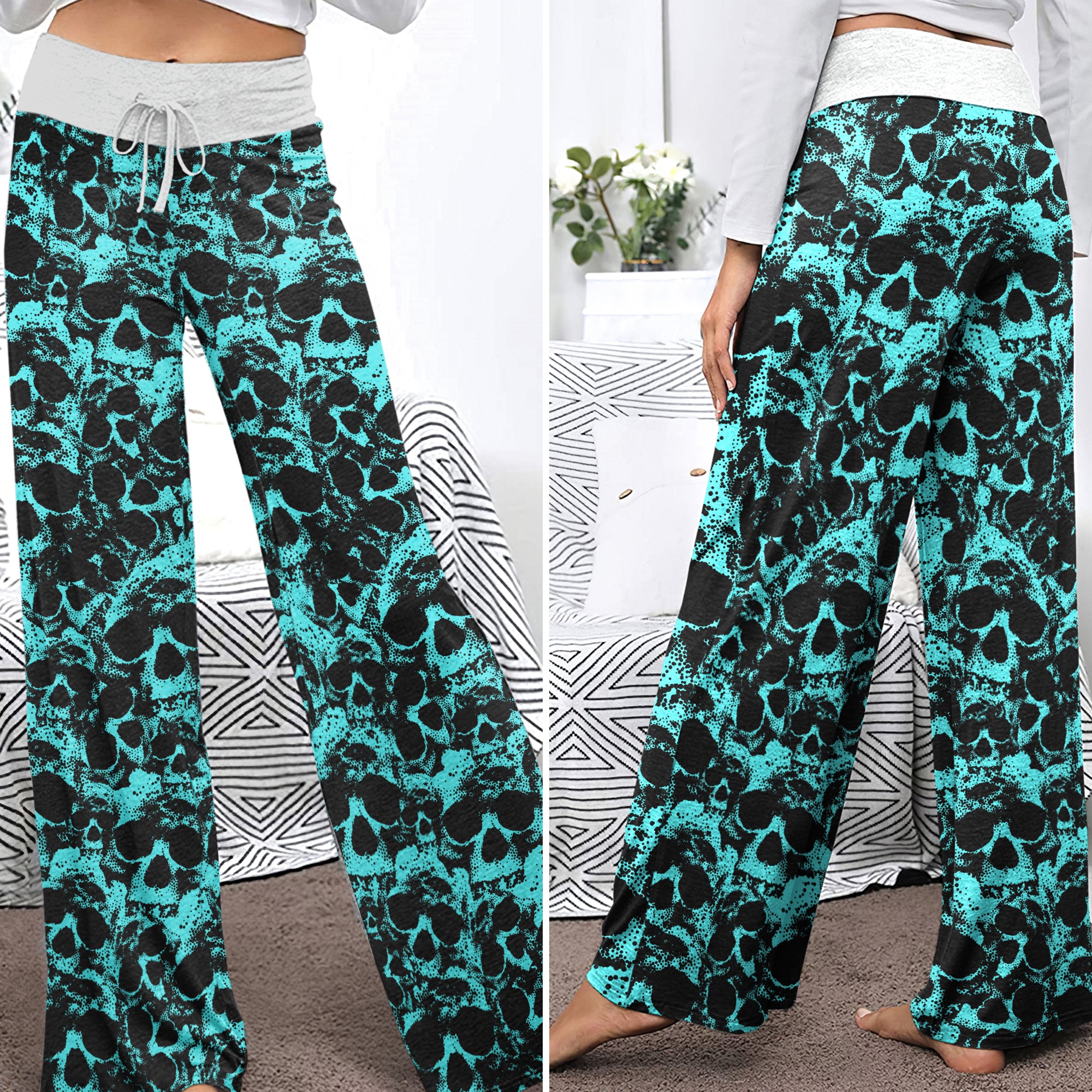 Cyan Skull Pattern Women's High-waisted Wide Leg Pants