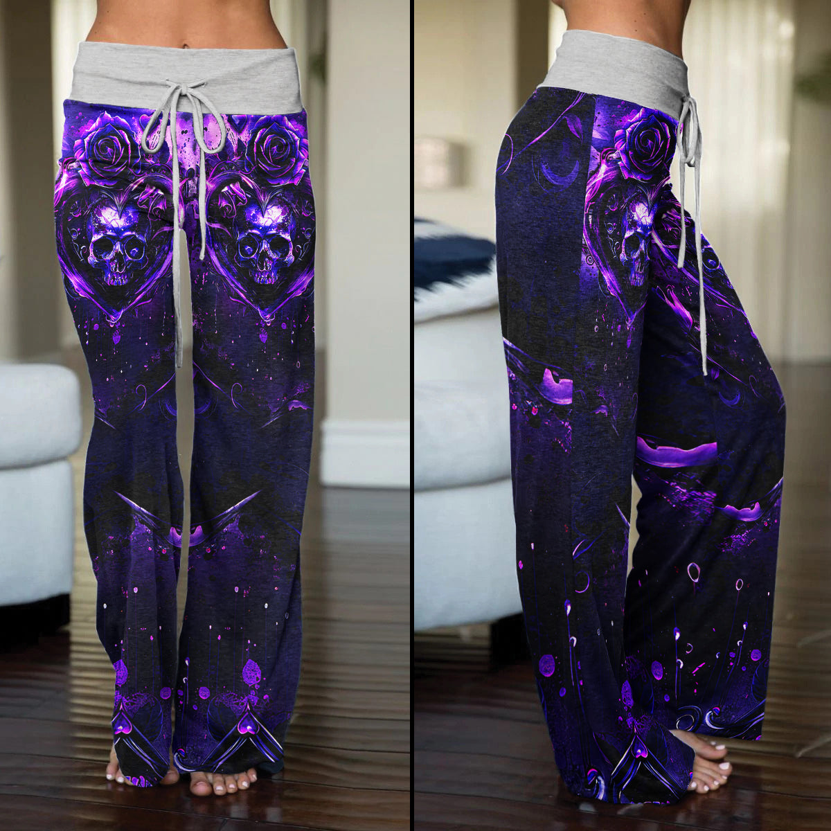 Purple Skull Flower Gothic Women's High-waisted Wide Leg Pants | Wonder Skull