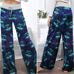 Cyan Skull Lip Rose Women's High-waisted Wide Leg Pants