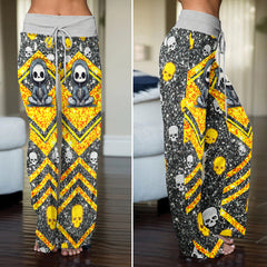 Skeleton Yellow Glitter Art Women's High-waisted Wide Leg Pants