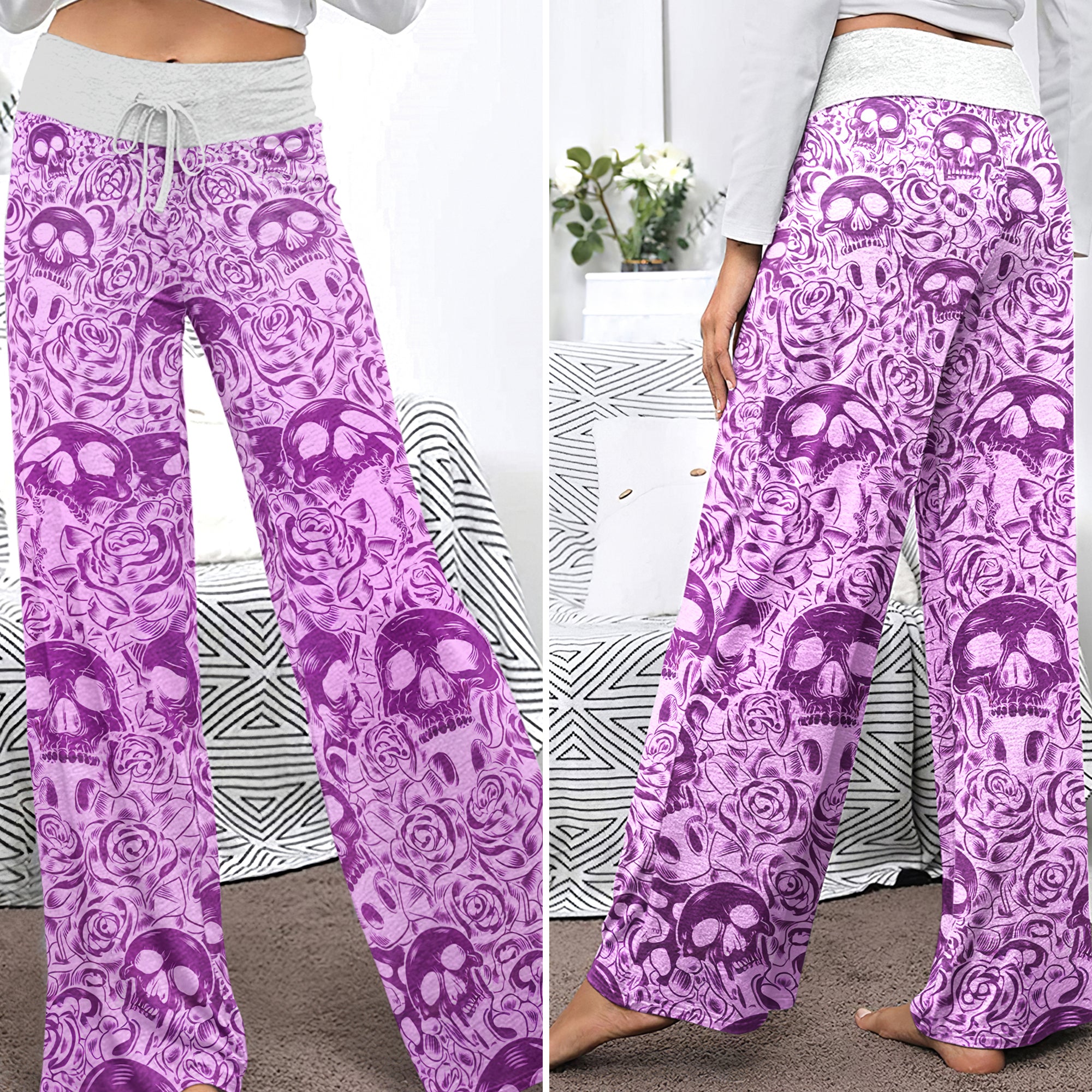 Purple Skull Pattern Gothic Women's High-waisted Wide Leg Pants
