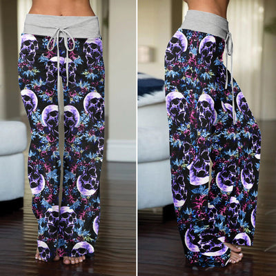 Violet Grunge Floral Skull Women's High-waisted Wide Leg Pants