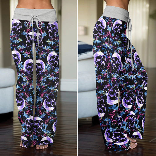 Violet Grunge Floral Skull Women's High-waisted Wide Leg Pants