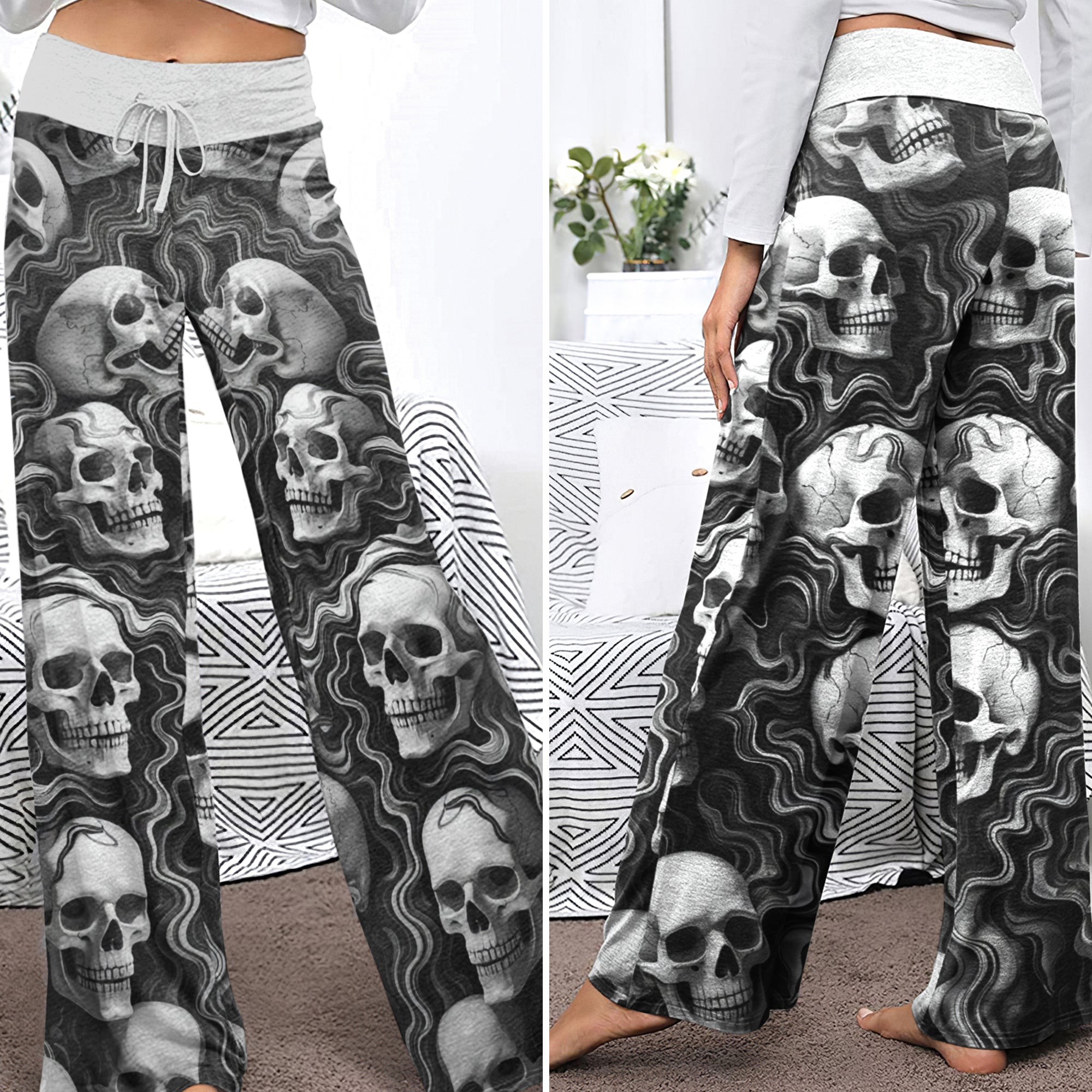 Skull Flow Pattern Women's High-waisted Wide Leg Pants