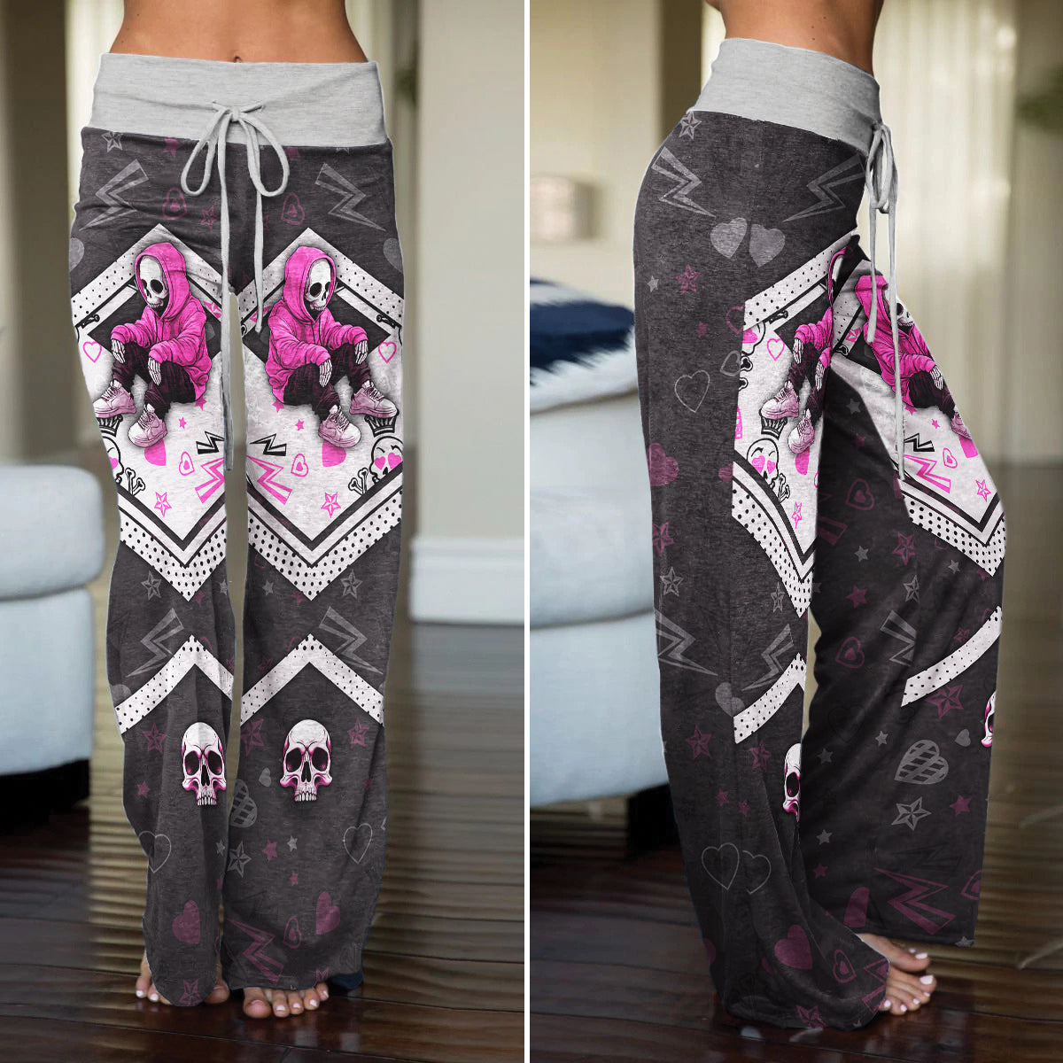 Pink Skeleton Art Pattern Lip Pattern Women's High-waisted Wide Leg Pants