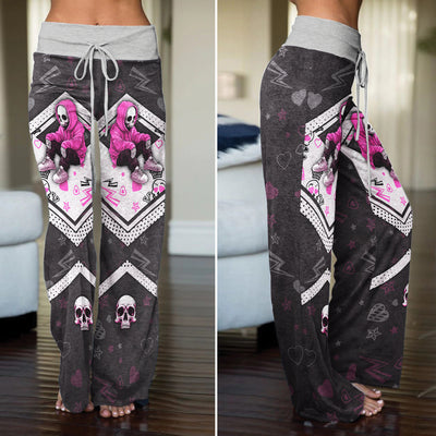 Pink Skeleton Art Pattern Lip Pattern Women's High-waisted Wide Leg Pants