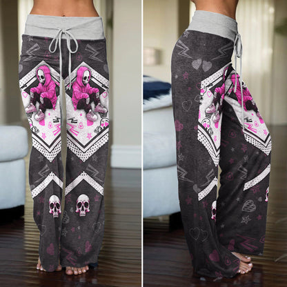 Pink Skeleton Art Pattern Lip Pattern Women's High-waisted Wide Leg Pants