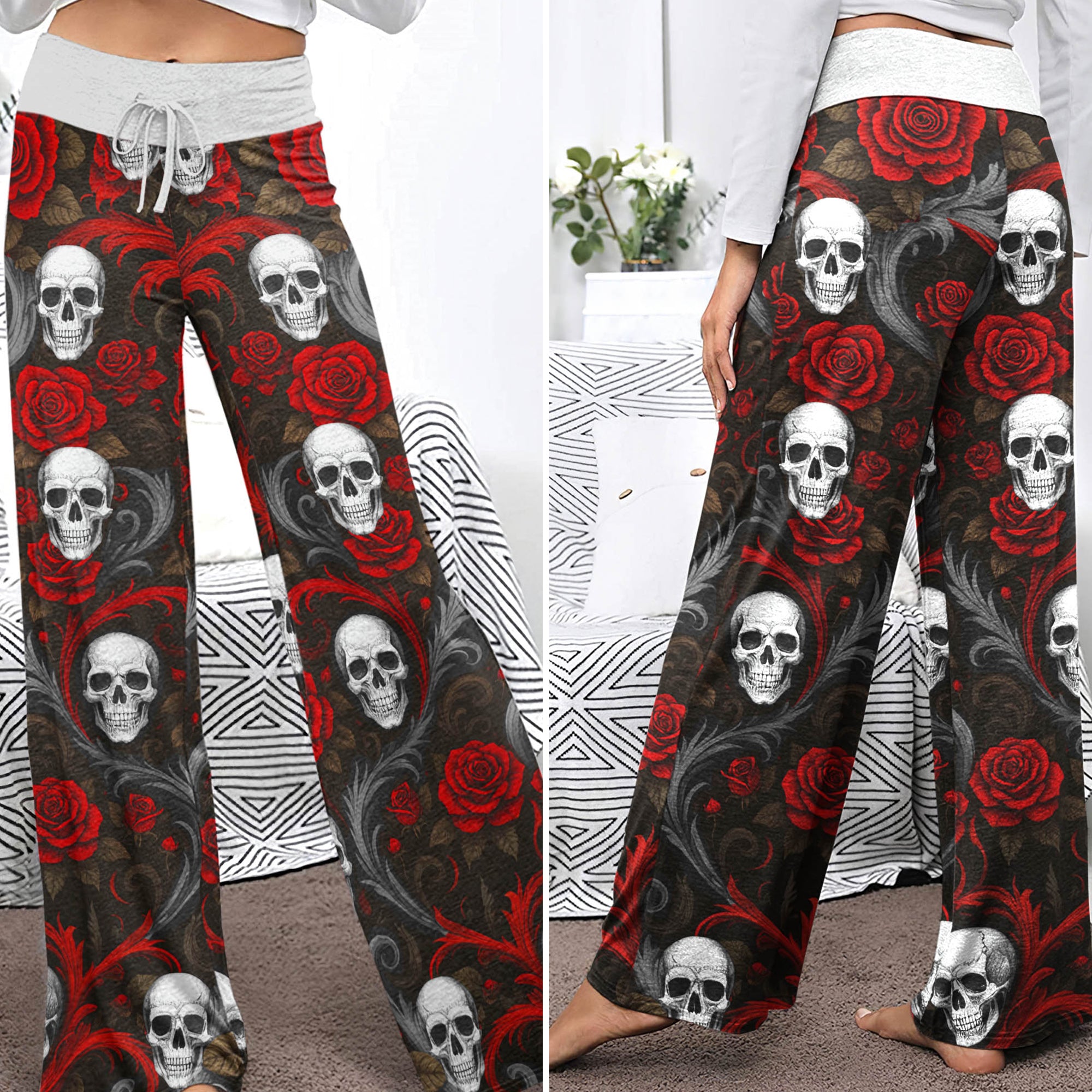 Baroque Blood Skull Roses Women's High-waisted Wide Leg Pants