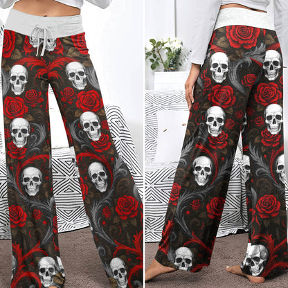 Baroque Blood Skull Roses Women's High-waisted Wide Leg Pants