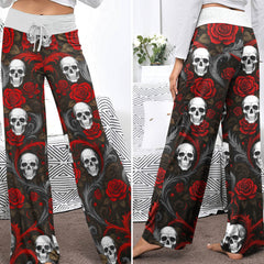 Baroque Blood Skull Roses Women's High-waisted Wide Leg Pants