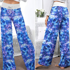 Blue Skull Orchid Pattern Women's High-waisted Wide Leg Pants