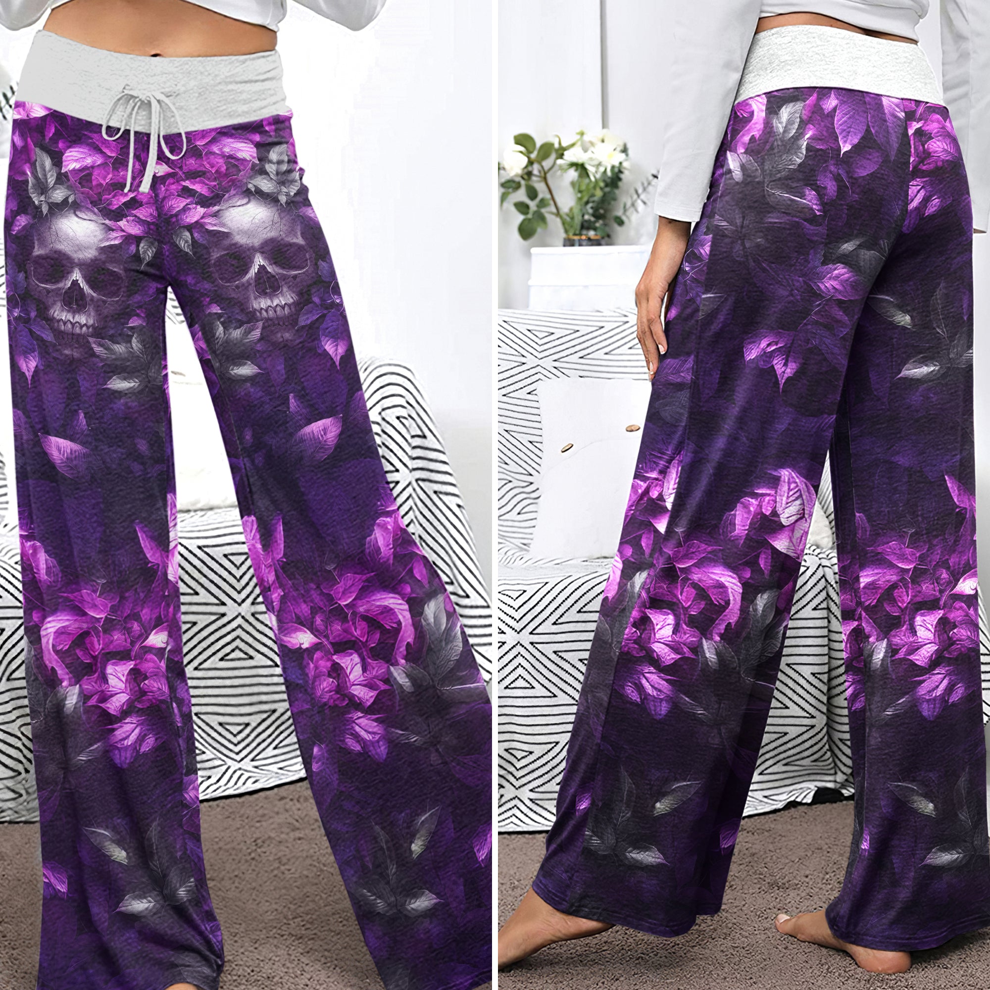 Purple Skull Filigree Rose Women's High-waisted Wide Leg Pants