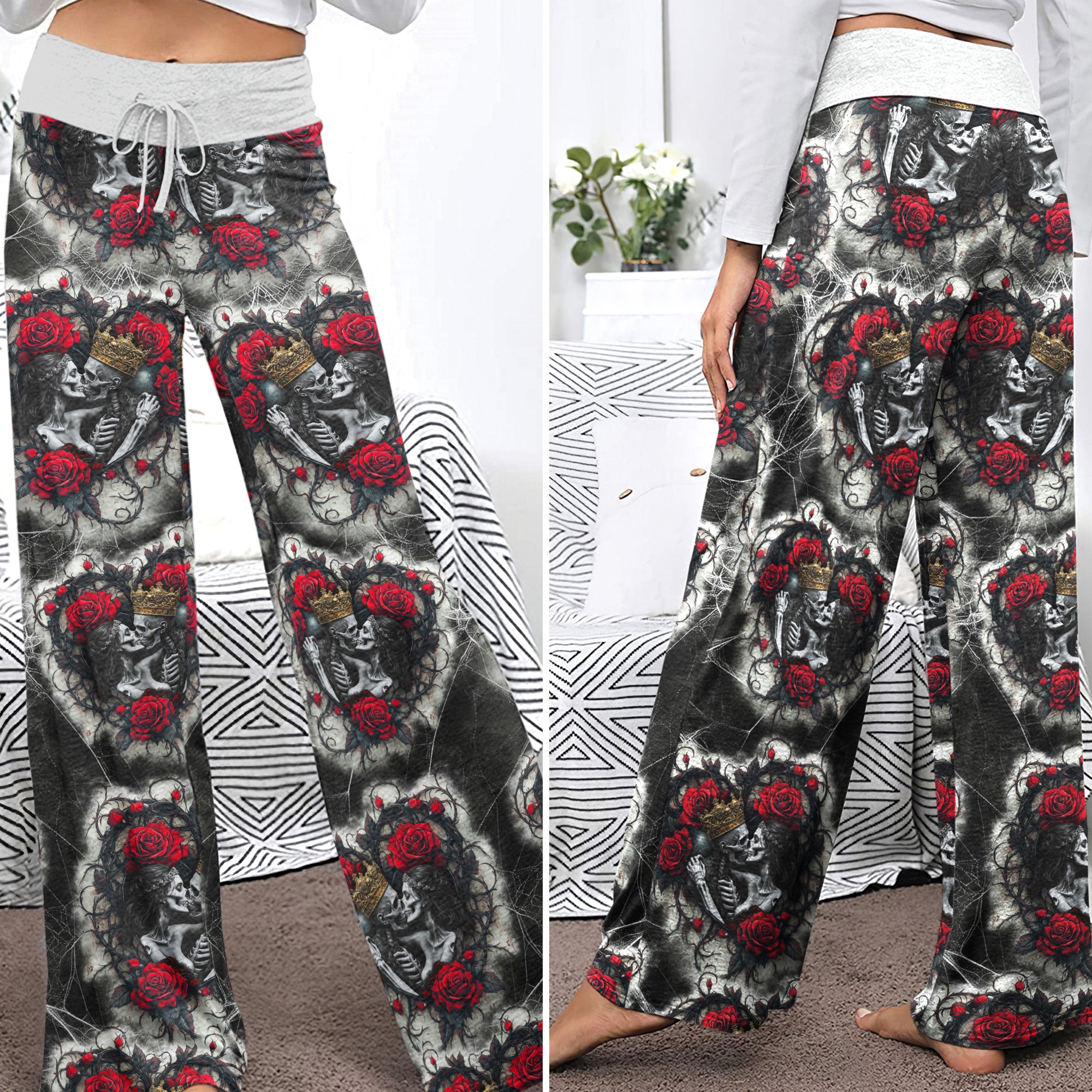 Couple Skeleton Gothic Pattern Women's High-waisted Wide Leg Pants