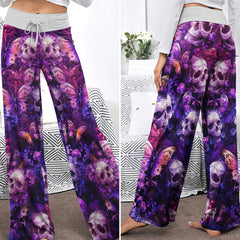 Purple Skull Butterfly Pattern Women's High-waisted Wide Leg Pants