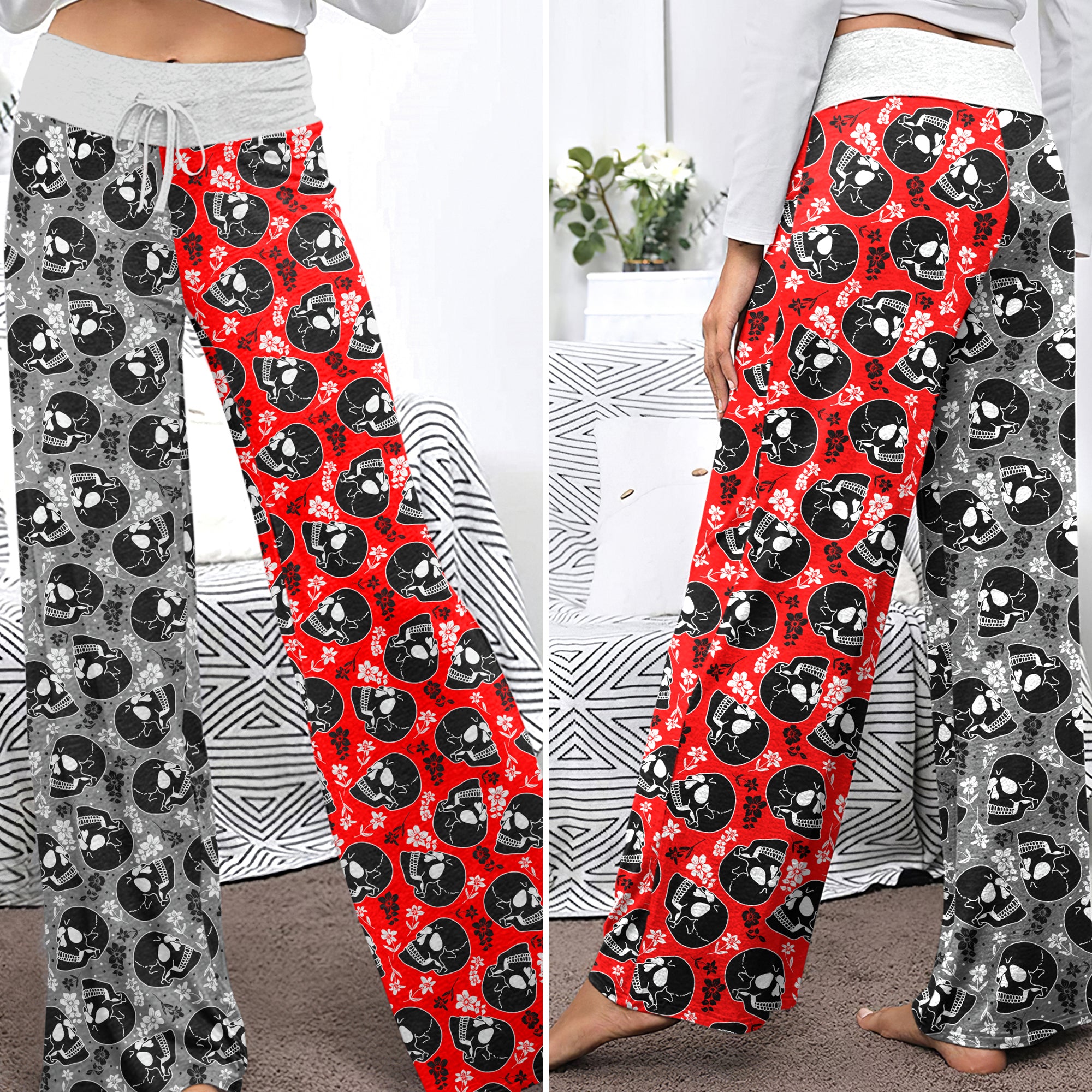 Red Retro Skull Bloom Women's High-waisted Wide Leg Pants