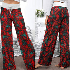 Red Seamless Skull Flower Women's High-waisted Wide Leg Pants