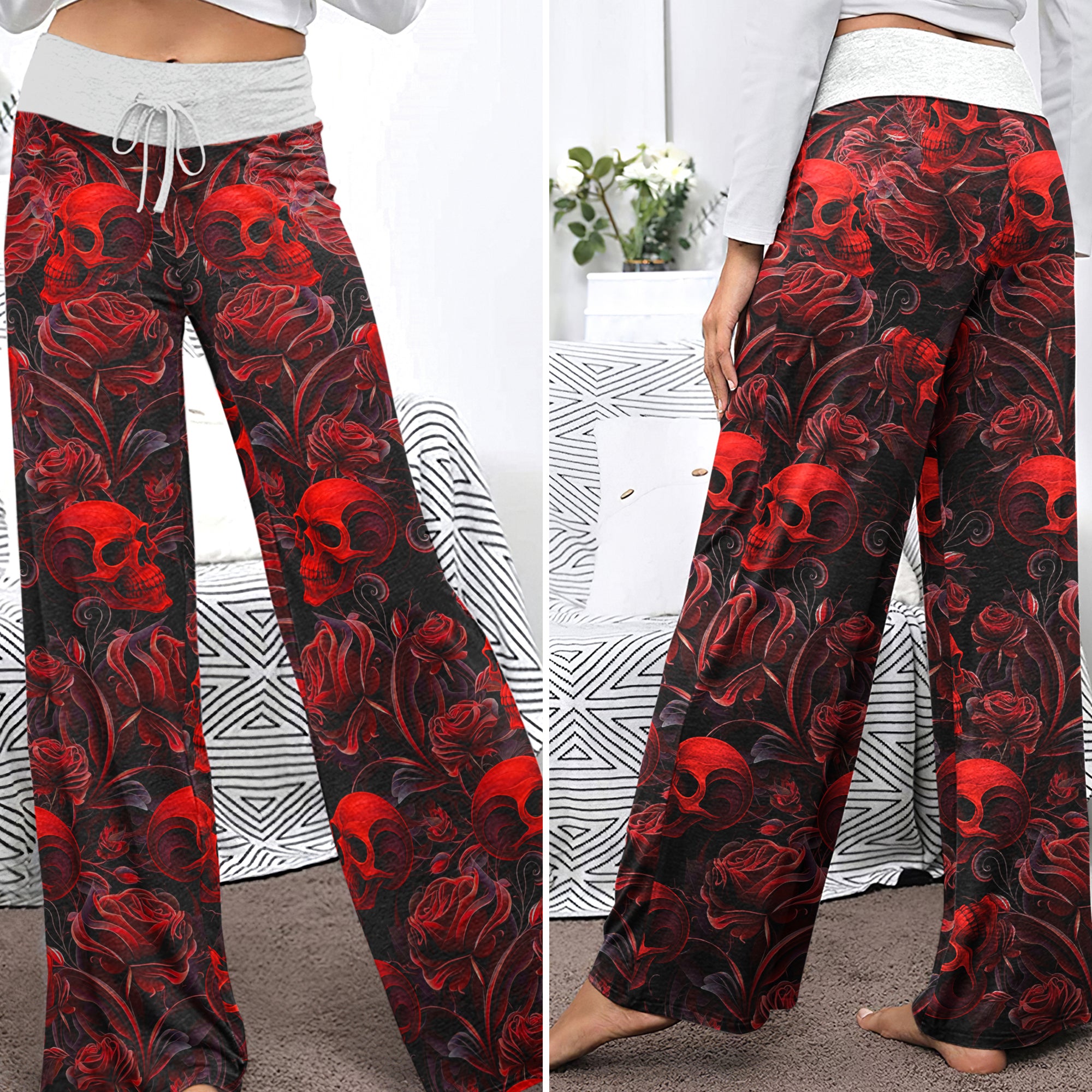 Red Skull & Rose Tapestry Women's High-waisted Wide Leg Pants