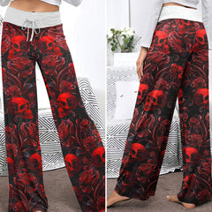Red Skull & Rose Tapestry Women's High-waisted Wide Leg Pants