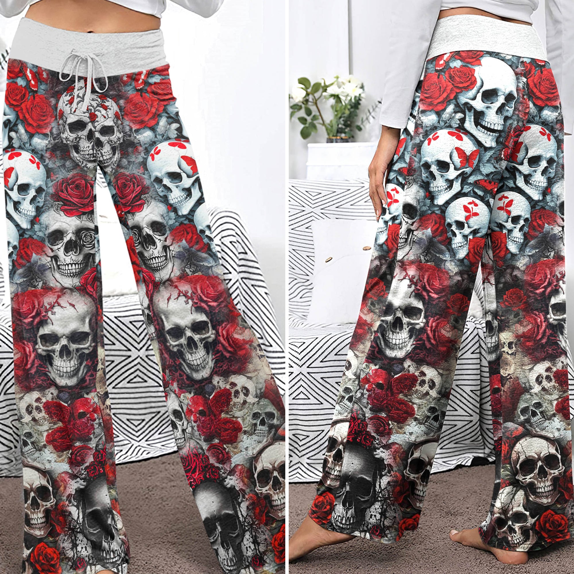 Gothic Skull Red Garden Women's High-waisted Wide Leg Pants