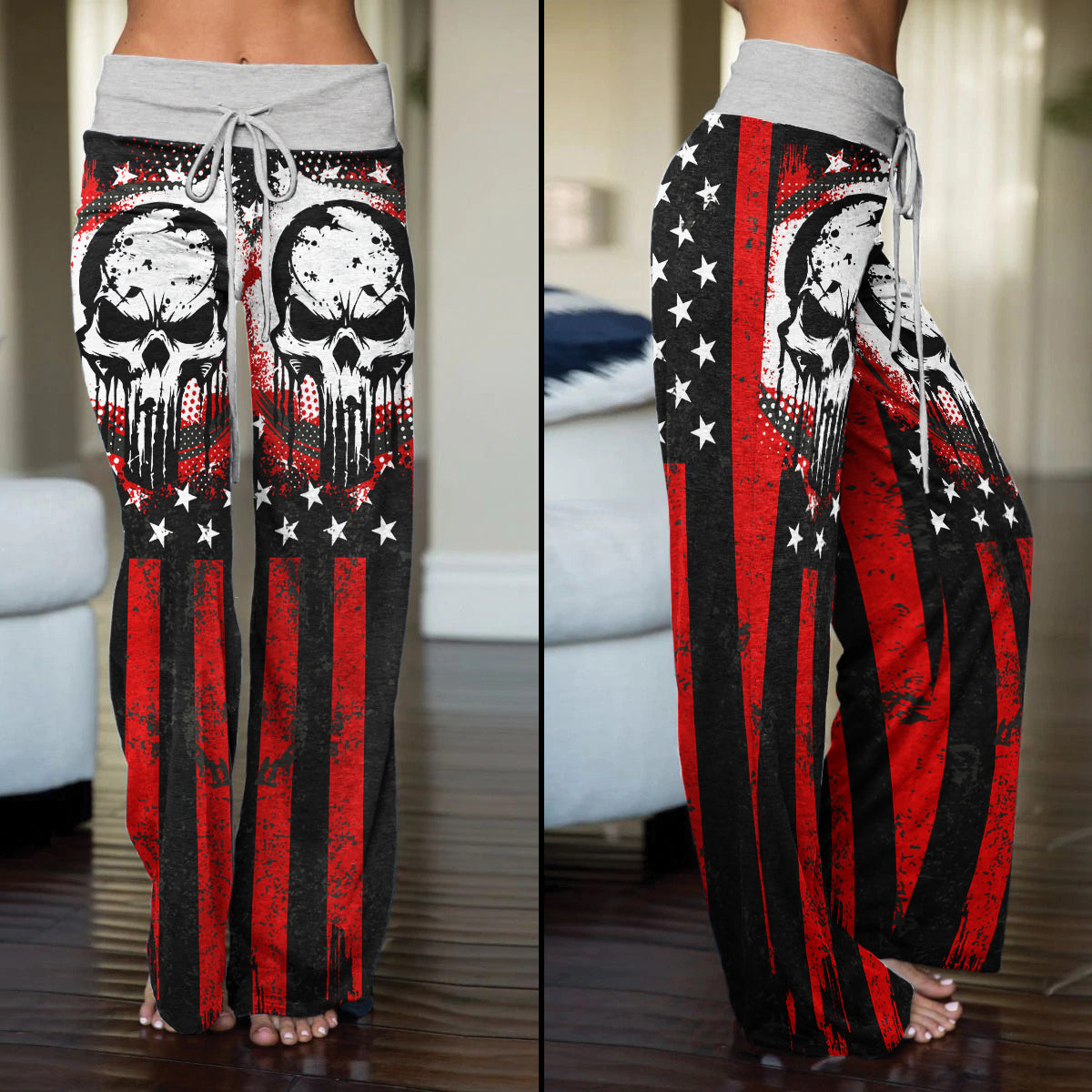 Red Flag Skull Art Women's High-waisted Wide Leg Pants | Wonder Skull