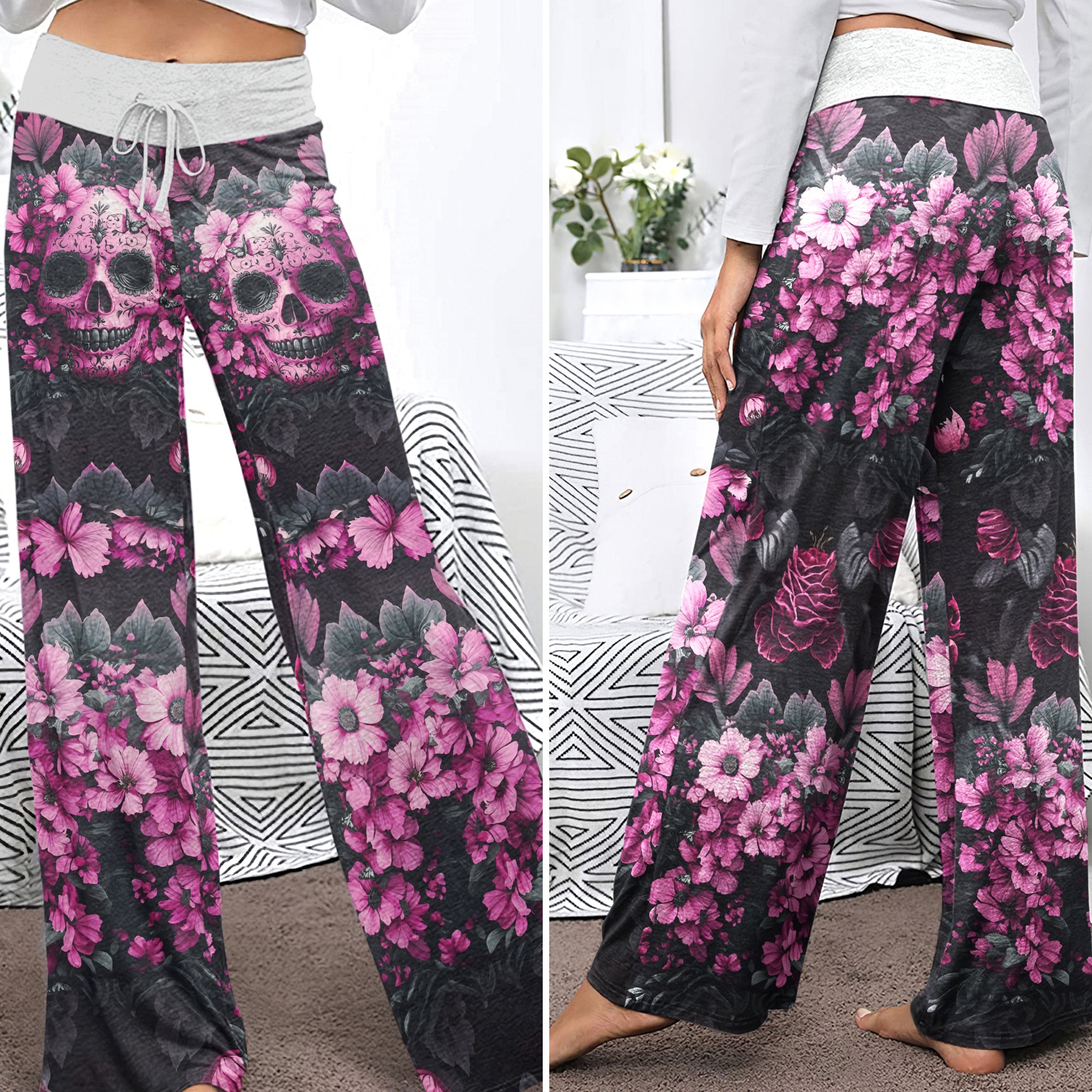 Pink Skull Flower Women's High-waisted Wide Leg Pants
