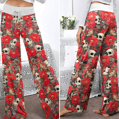 Red Skull Garden Pattern Women's High-waisted Wide Leg Pants