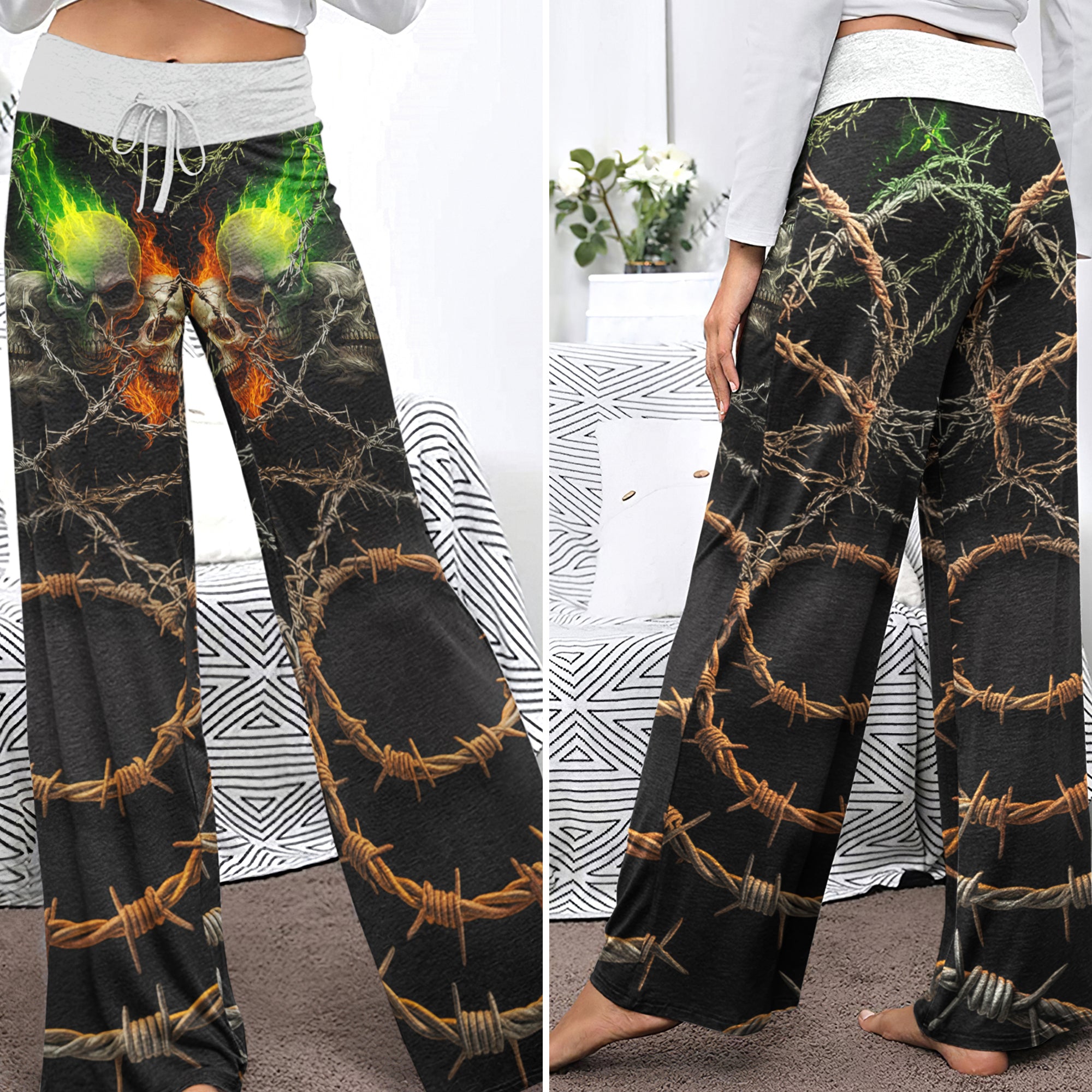 Barbed Trinity Skull Women's High-waisted Wide Leg Pants