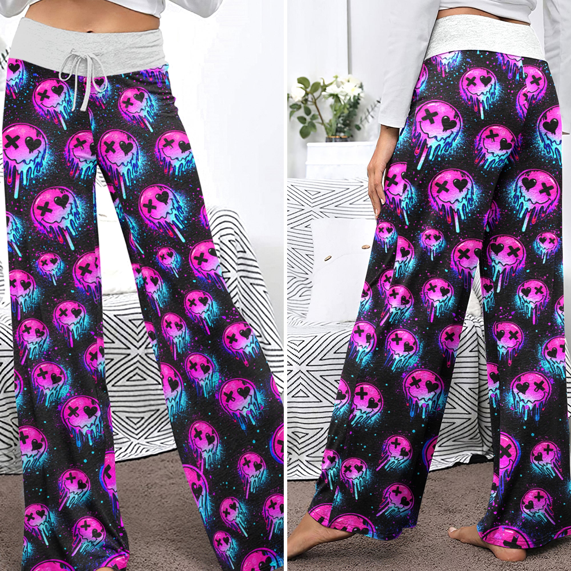 Melting Neon Skull Grunge Women's High-waisted Wide Leg Pants
