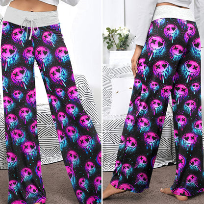 Melting Neon Skull Grunge Women's High-waisted Wide Leg Pants