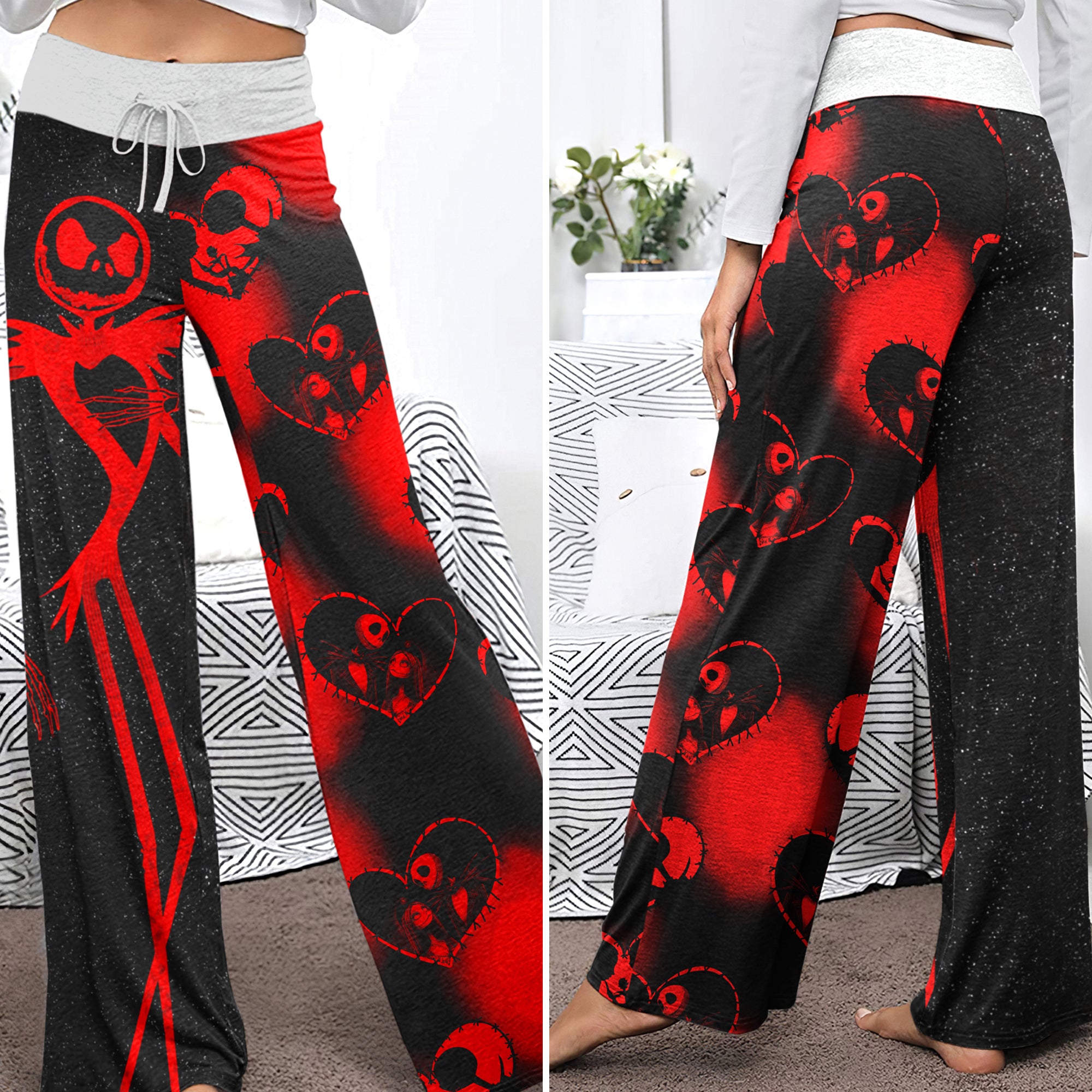 Red Skeleton Couple Art Women's High-waisted Wide Leg Pants