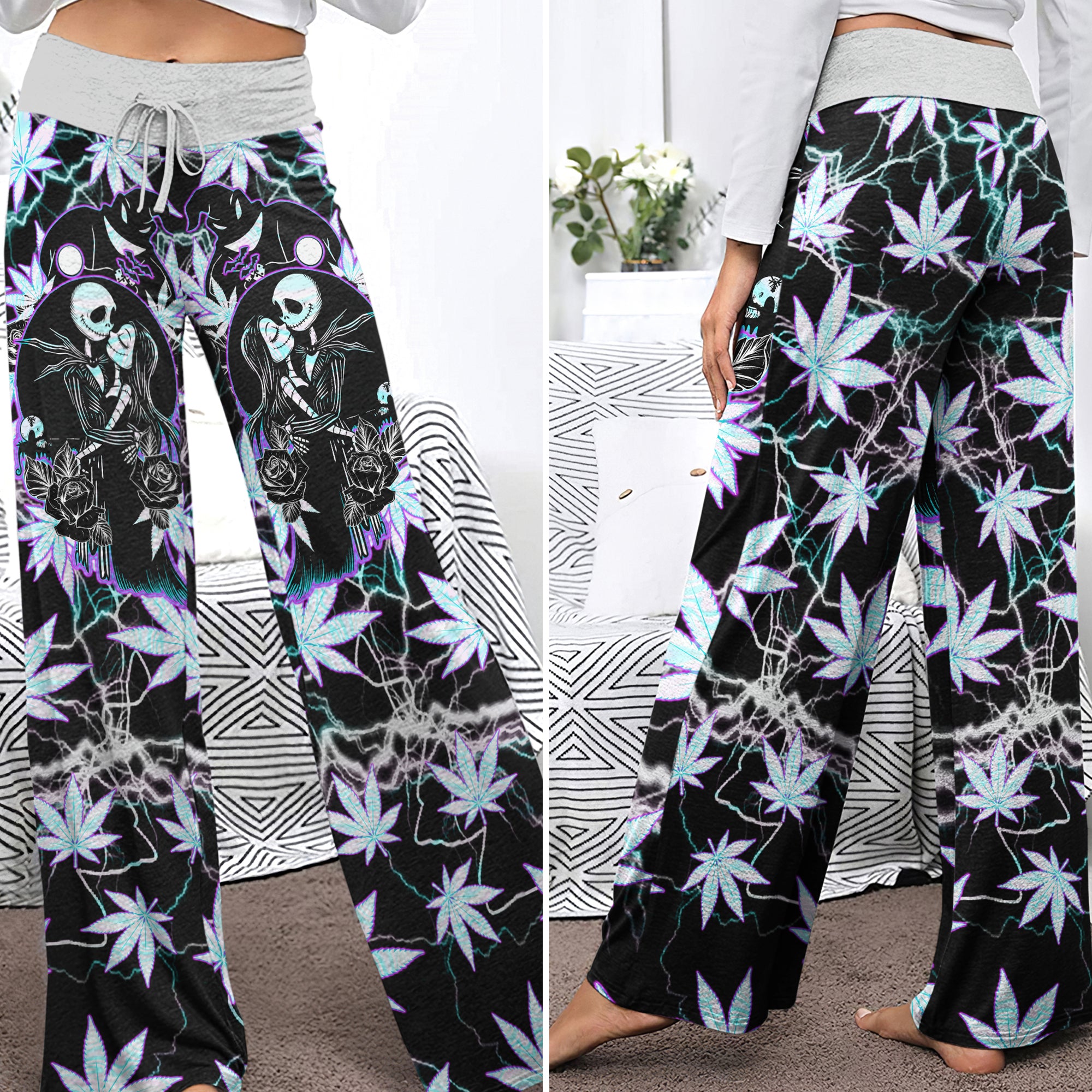 Holographic Couple Skeleton Women's High-waisted Wide Leg Pants