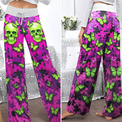 Neon Enigma Skull Butterfly Women's High-waisted Wide Leg Pants