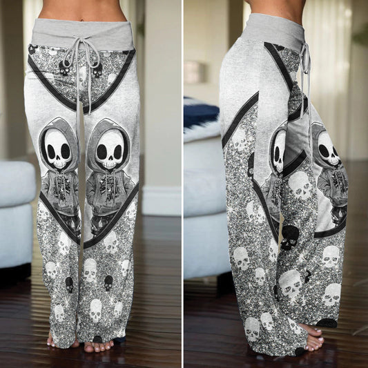 Skeleton Metal Glitter Art Women's High-waisted Wide Leg Pants