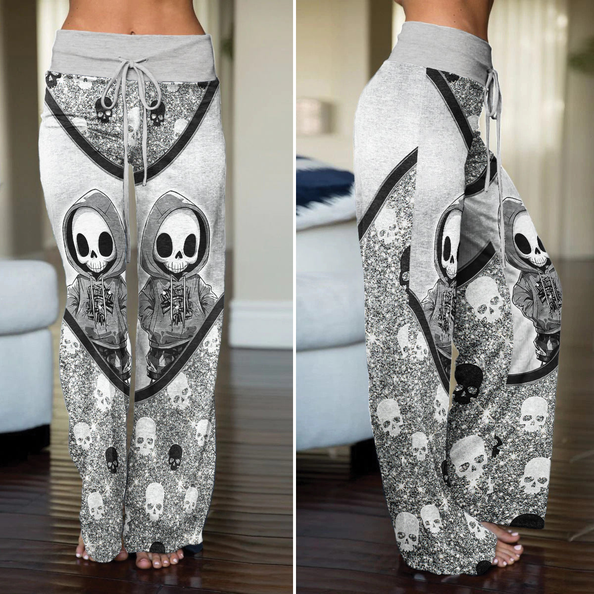 Skeleton Metal Glitter Art Women's High-waisted Wide Leg Pants