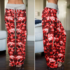 Red Skull Orchid Pattern Women's High-waisted Wide Leg Pants