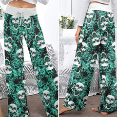 Thorned Rose Skull Pattern Women's High-waisted Wide Leg Pants
