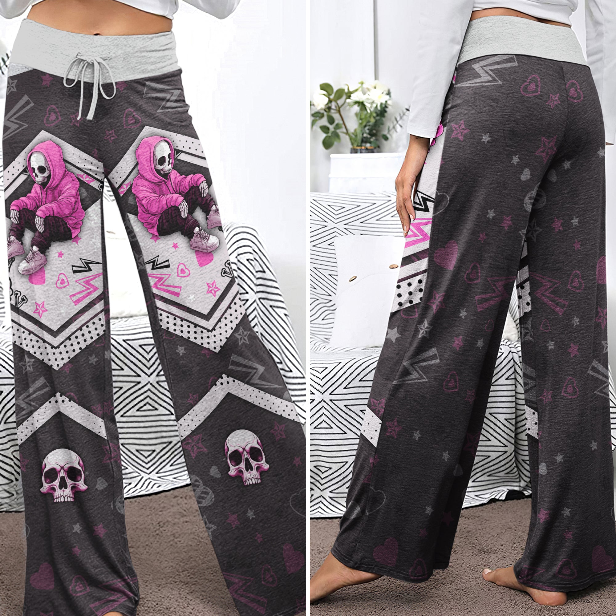 Pink Skeleton Art Pattern Lip Pattern Women's High-waisted Wide Leg Pants