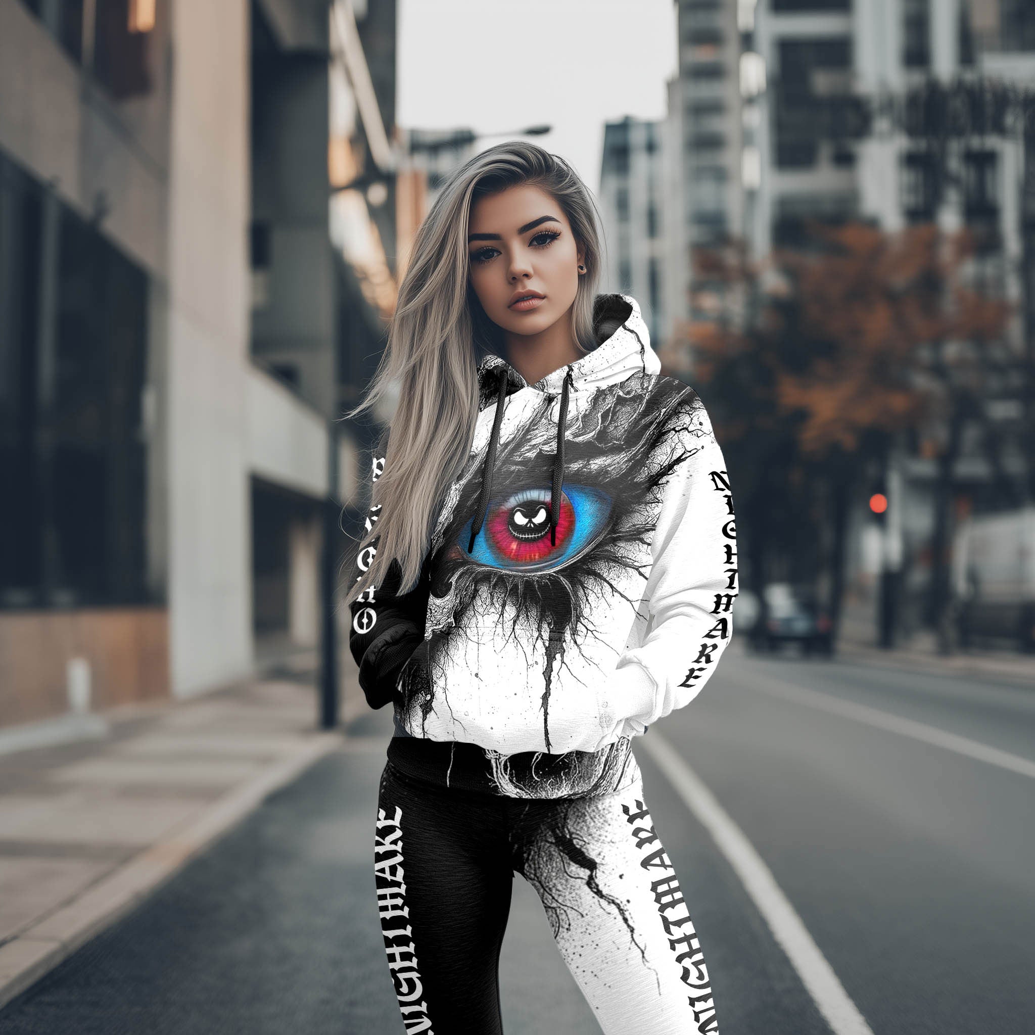 Women Hoodie and Leggings, Cracked Skull Eye Outwear Pants Outfit