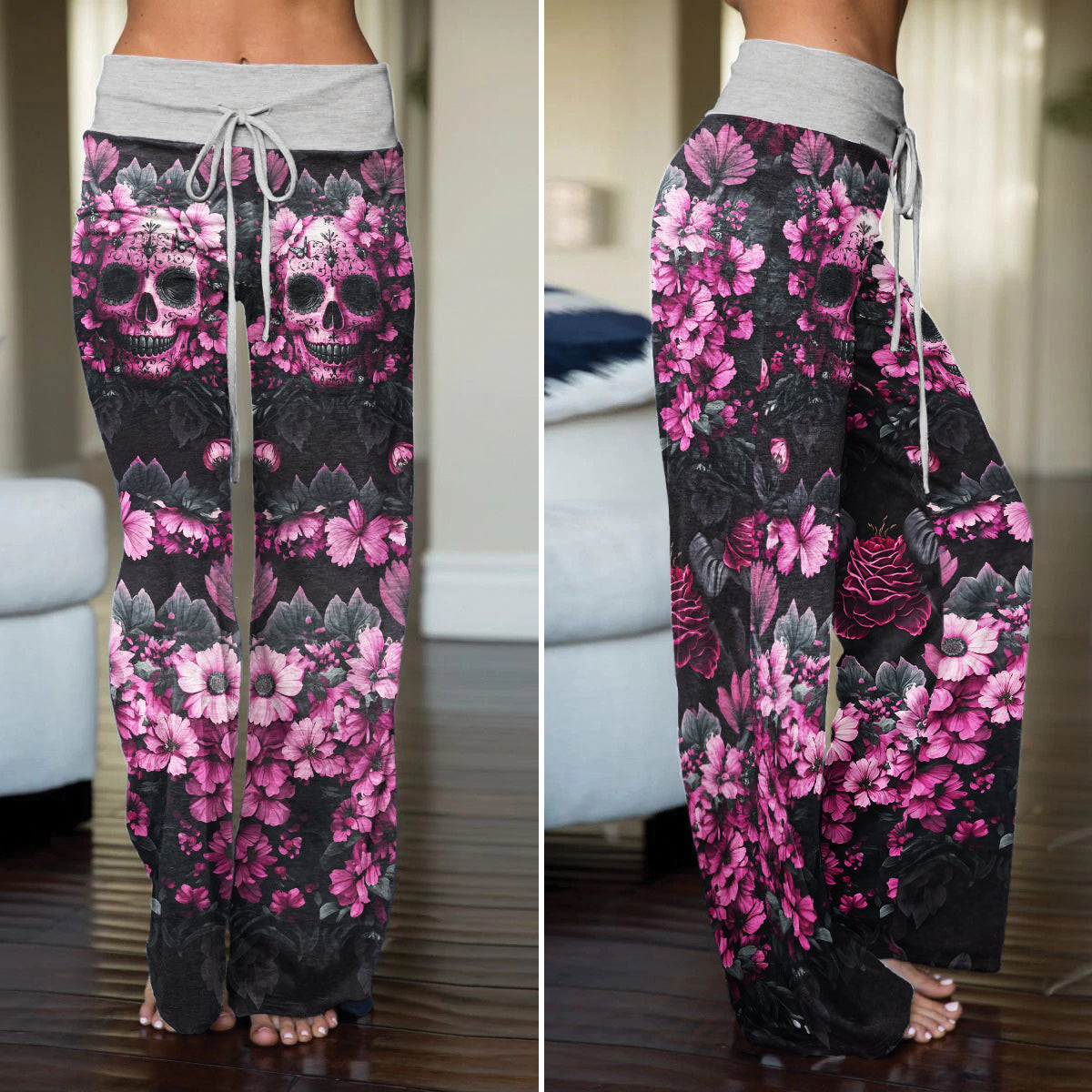 Pink Skull Flower Women's High-waisted Wide Leg Pants