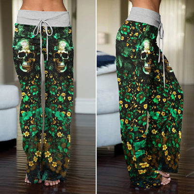 Emerald Gilded Skull Art Women's High-waisted Wide Leg Pants