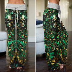 Emerald Gilded Skull Art Women's High-waisted Wide Leg Pants