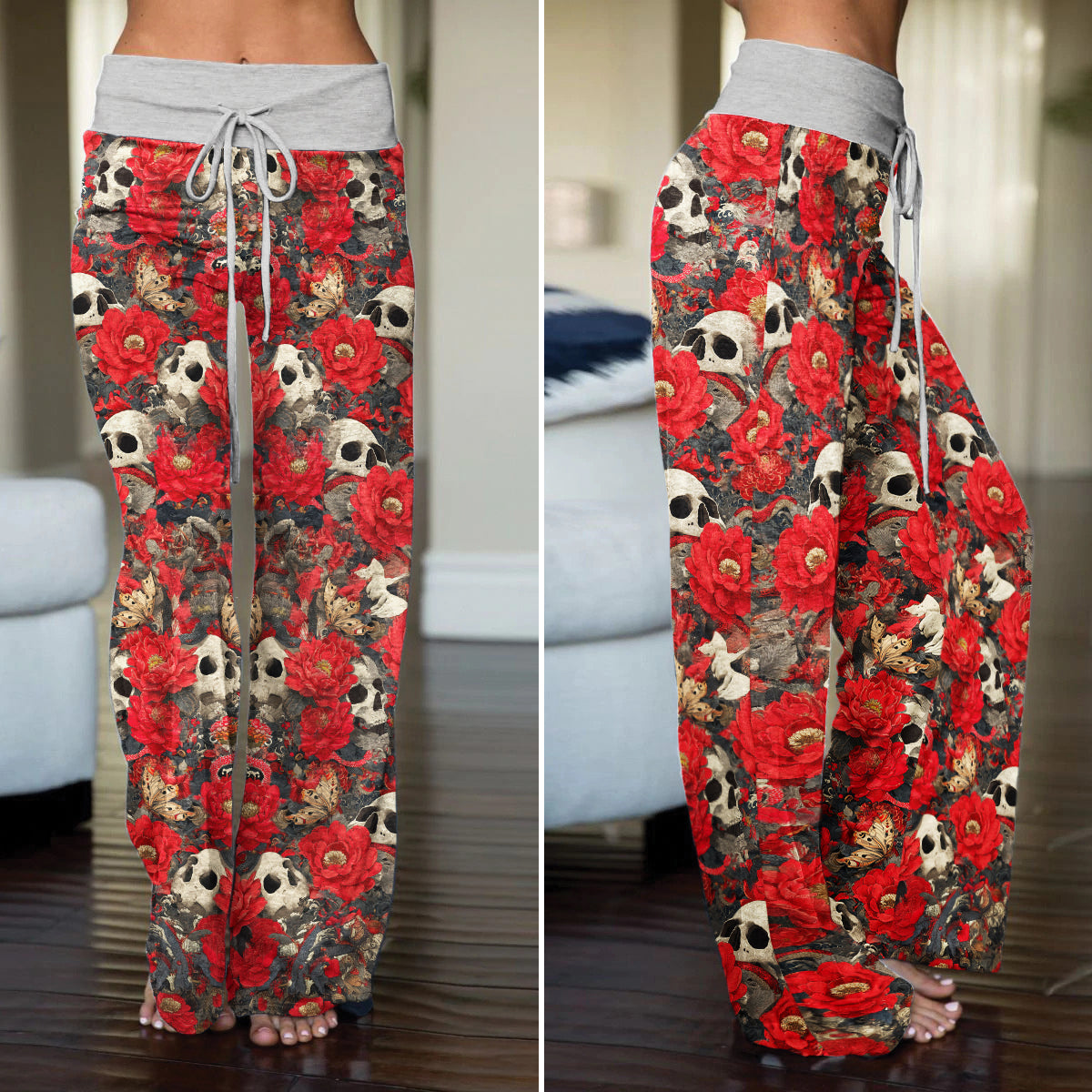 Red Skull Garden Pattern Women's High-waisted Wide Leg Pants
