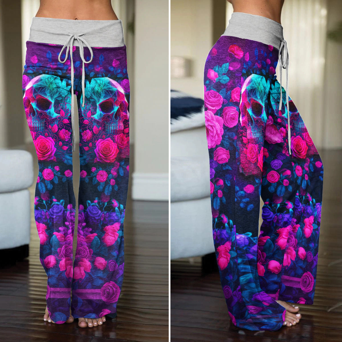 Neon Galaxy Skull Rose Women's High-waisted Wide Leg Pants