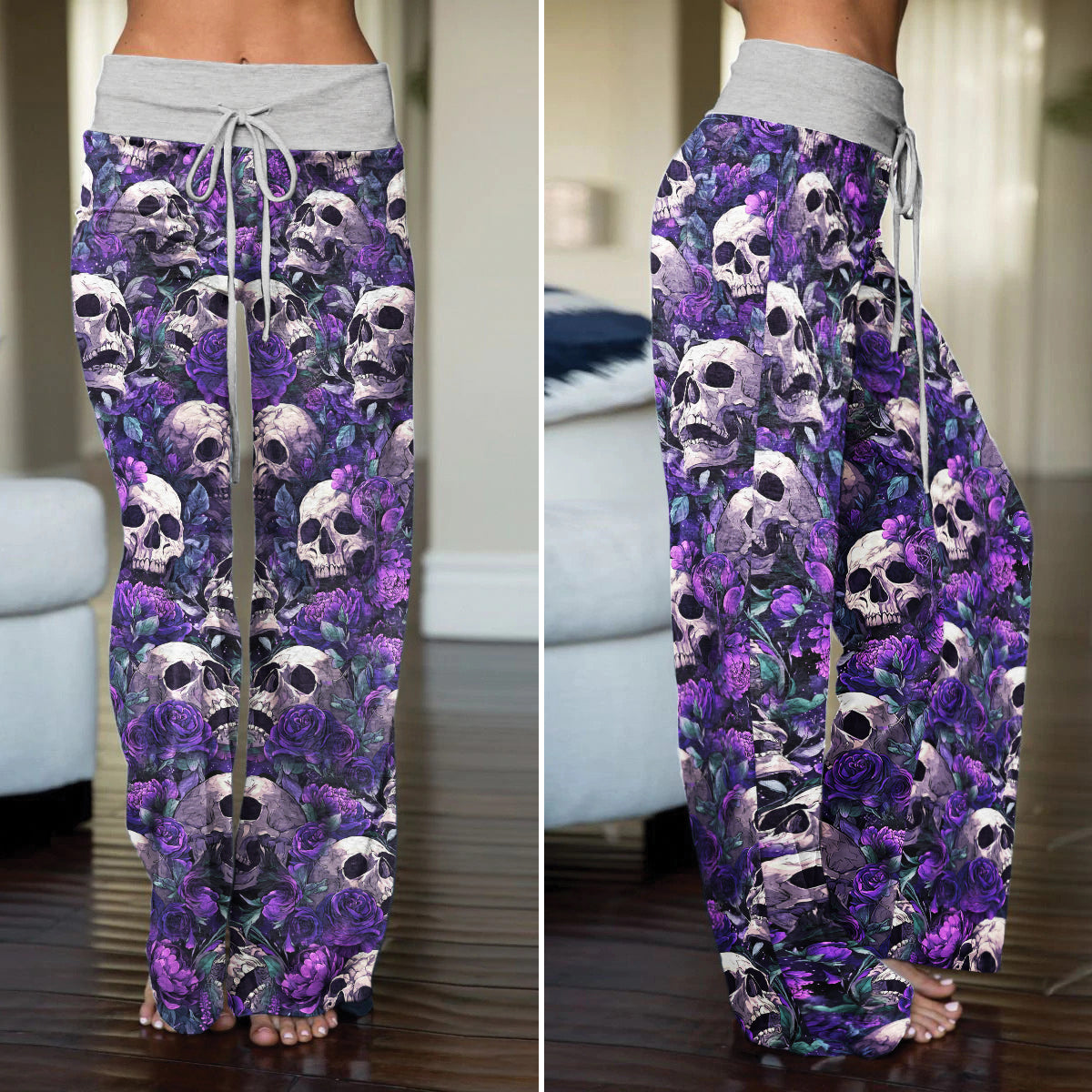 Violet Gothic Skull Garden Women's High-waisted Wide Leg Pants