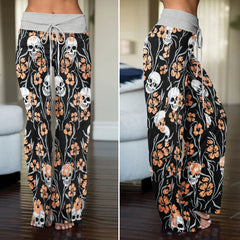 Pastel Skull Flower Pattern Women's High-waisted Wide Leg Pants