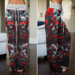 Red Skull Rose Gothic Women's High-waisted Wide Leg Pants