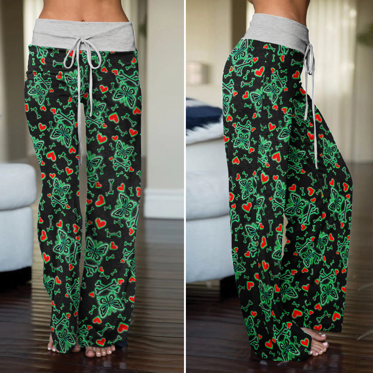 Midnight Glow Skulls Butterfly Women's High-waisted Wide Leg Pants