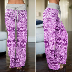Purple Skull Pattern Gothic Women's High-waisted Wide Leg Pants
